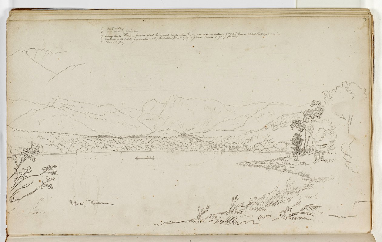 The Head of Windermere, Lake District, Anglie, 1829 (pero a inkoust přes tužku na papíře) od Thomas Cole
