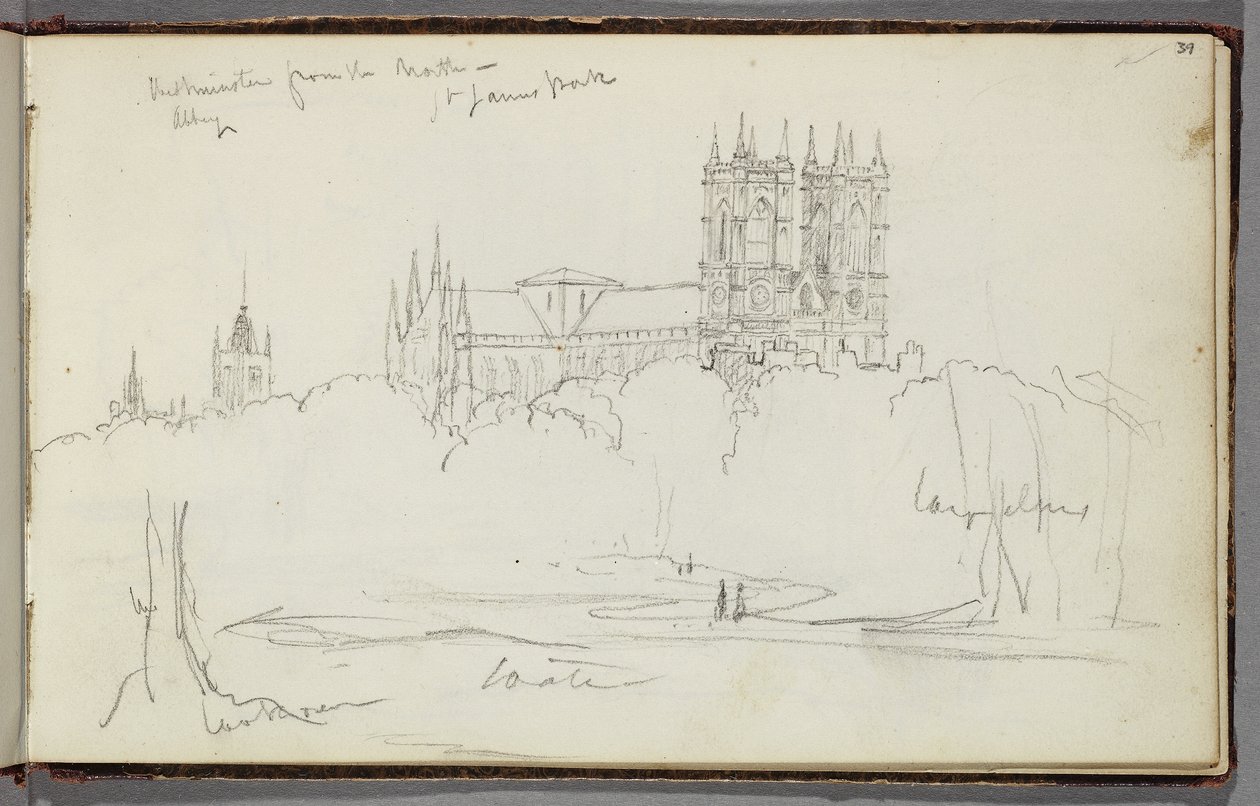Westminsterské opatství ze severu, St. James Park, kolem roku 1830 (tužka na papíře) od Thomas Cole