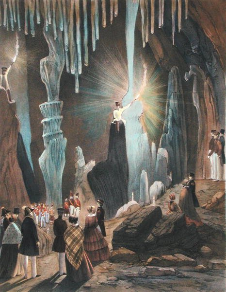 Jeskyně svatého Michaela, Gibraltar, z „Výběr pohledů na skálu a pevnost Gibraltaru“, vydané v roce 1846 (barevné lito) od Thomas Colman Dibdin