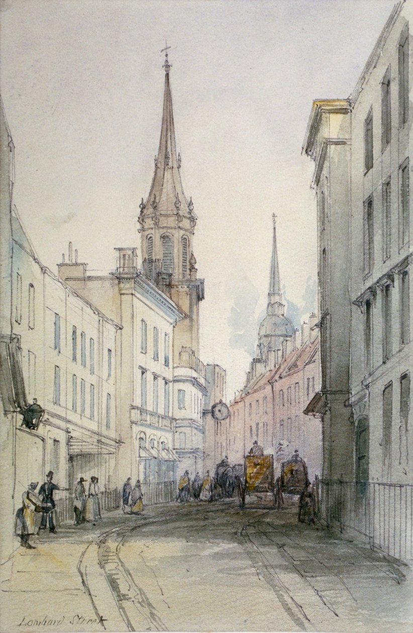 Pohled podél Lombard Street, při pohledu na východ, s postavami a kočáry, City of London, 1851 od Thomas Colman Dibdin