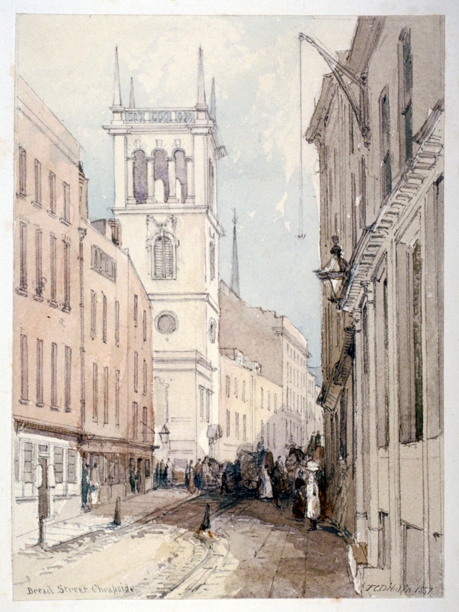 Pohled na All Hallows Church, budovy a postavy na Bread Street, City of London, 1851 od Thomas Colman Dibdin