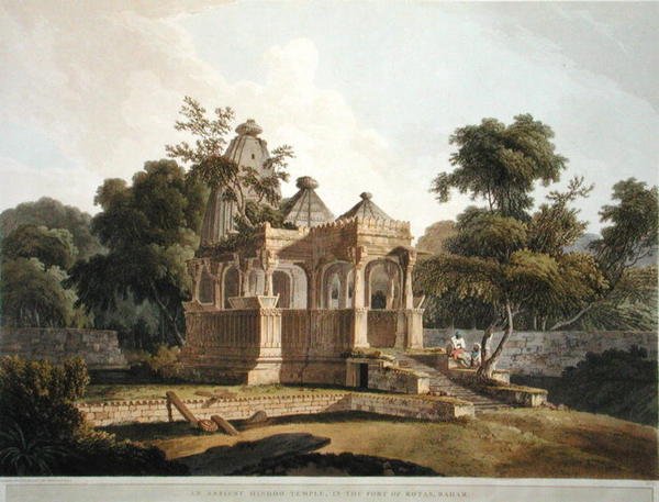 Starověký hinduistický chrám ve Fort of Rotas, Bahar, deska 12 z „Oriental Scenery: Twenty Four Views in Hindoostan“, vydané v roce 1796 (barevné litho) od Thomas Daniell