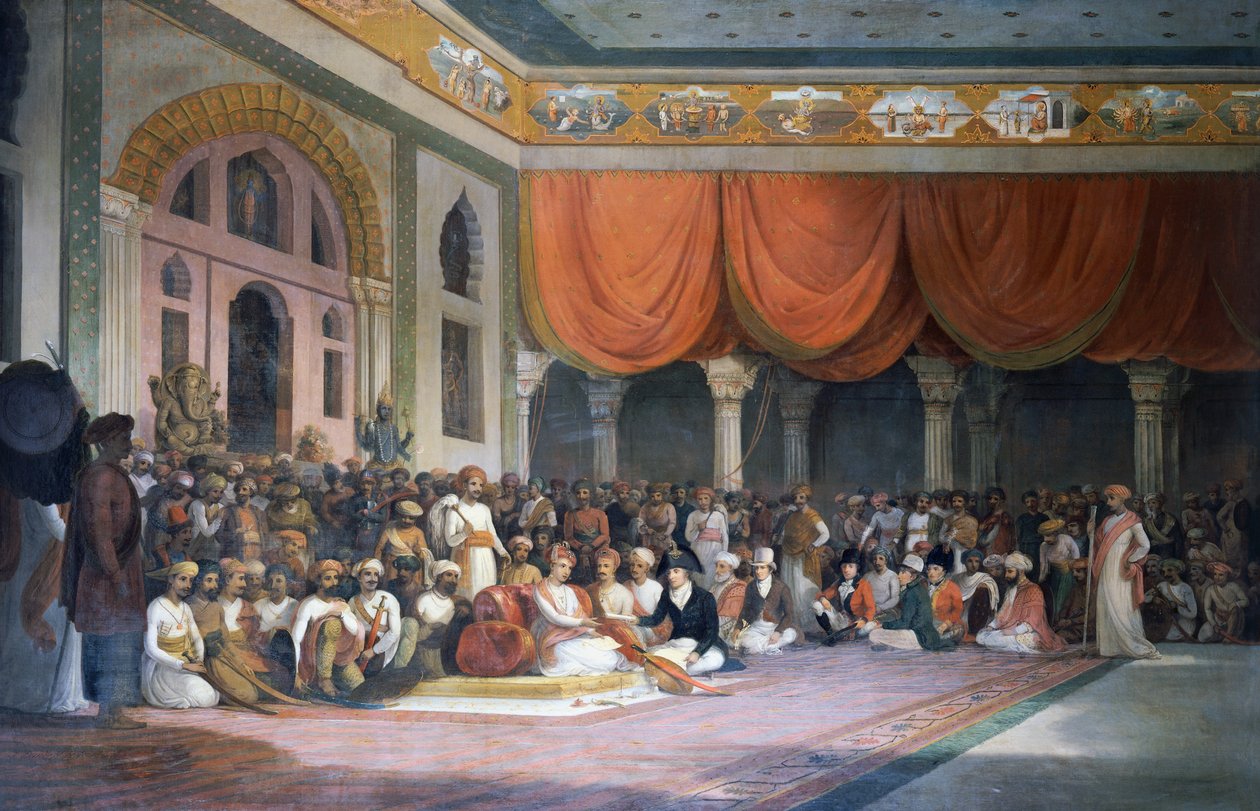 Charles Warre Malet uzavírá smlouvu s Peshwa z Maratha Empire v roce 1790 v Durbaru od Thomas Daniell