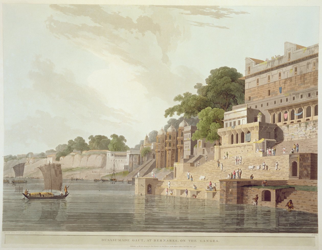 Dusasumade Gaut v Benáresu na řece Ganze, z knihy "Orientální scenérie: z knihy "Dvacet čtyři pohledů v Hindústánu", 1796 od Thomas Daniell