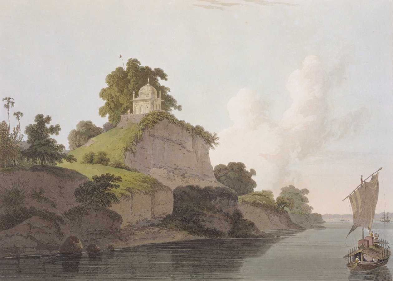 Hindoo Temple poblíž Currah, na řece Ganga, z „Oriental Scenery: Twenty Four Views in Hindoostan“, 1796 od Thomas Daniell