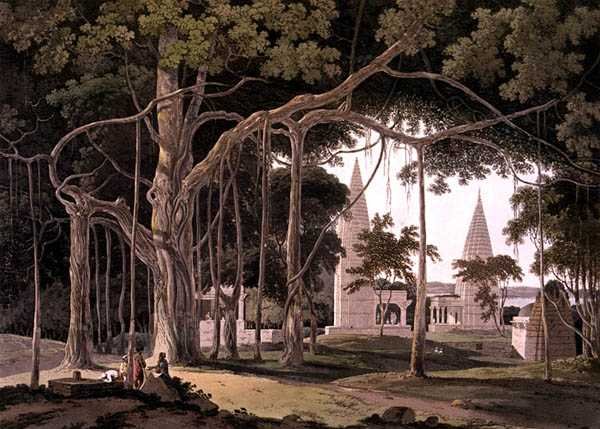 Hindské chrámy v Agouree na řece Soane, Bahar, z knihy "Orientální scenérie: z knihy "Orioure" (Dvacet čtyři pohledů na Hindústán). od Thomas Daniell
