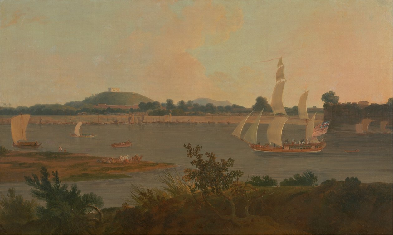 Pinnace plující po Ganze kolem pevnosti Monghyr od Thomas Daniell
