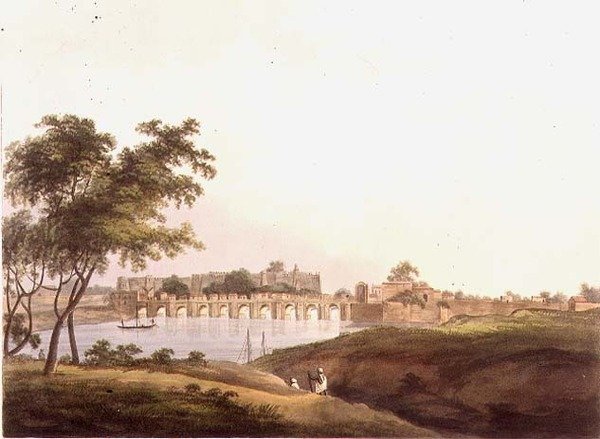 The Bridge at Juonpore, Bengal, rytý H. Merke (fl.1800-20) pub. Edward Orme (1774-c.1820) 1804 (litho) od Thomas Daniell