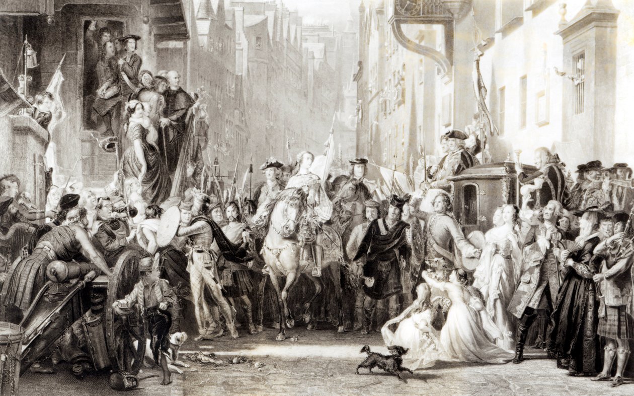Princ Charles Edward (1720-88) a Highlanders vstupující do Edinburghu po bitvě u Prestonu, 21. září 1745 (viz 105438) od Thomas Duncan