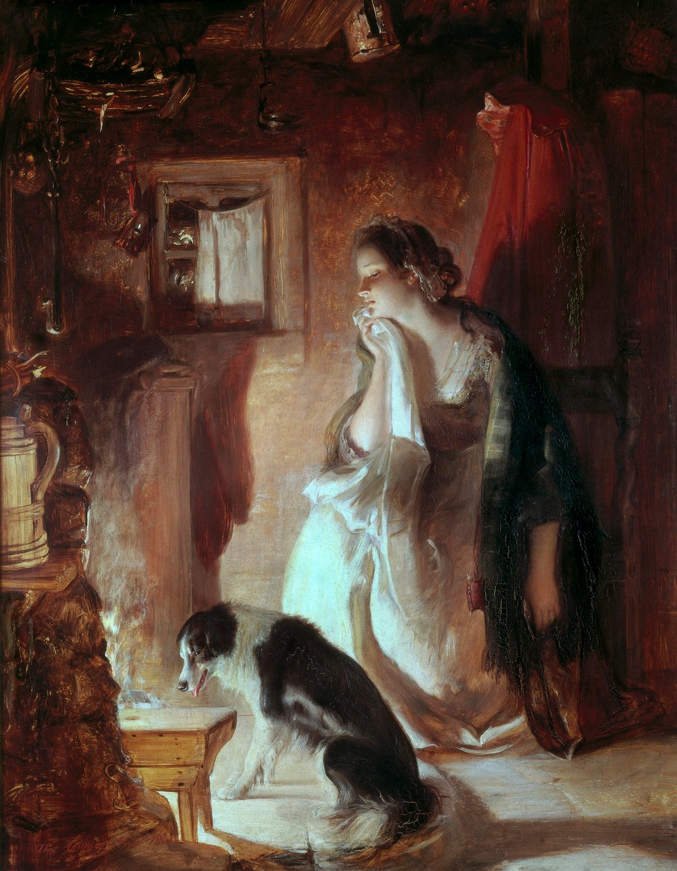 Žalostné srdce, mladá žena u ohně, smutná tvář ze smutku. Obraz Thomase Duncana (1807-1845) Victoria and Albert museum, Londýn od Thomas Duncan