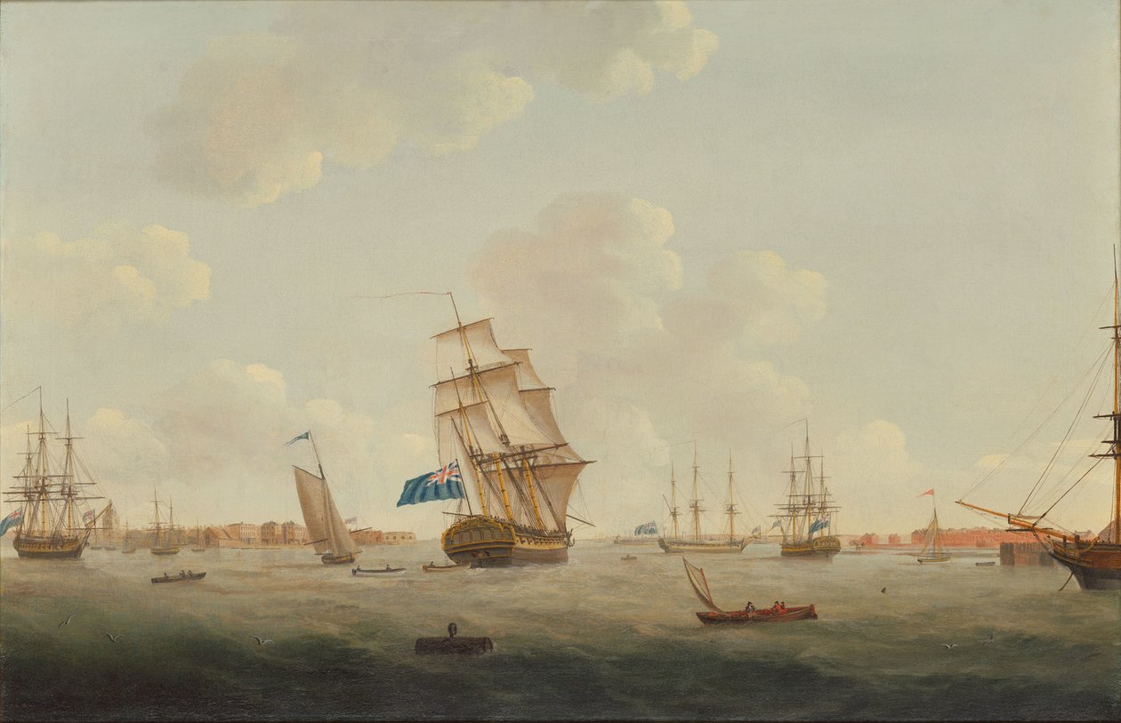 Panorama přístavu Portsmouth s válečnými muži a dalšími loděmi od Thomas Elliott