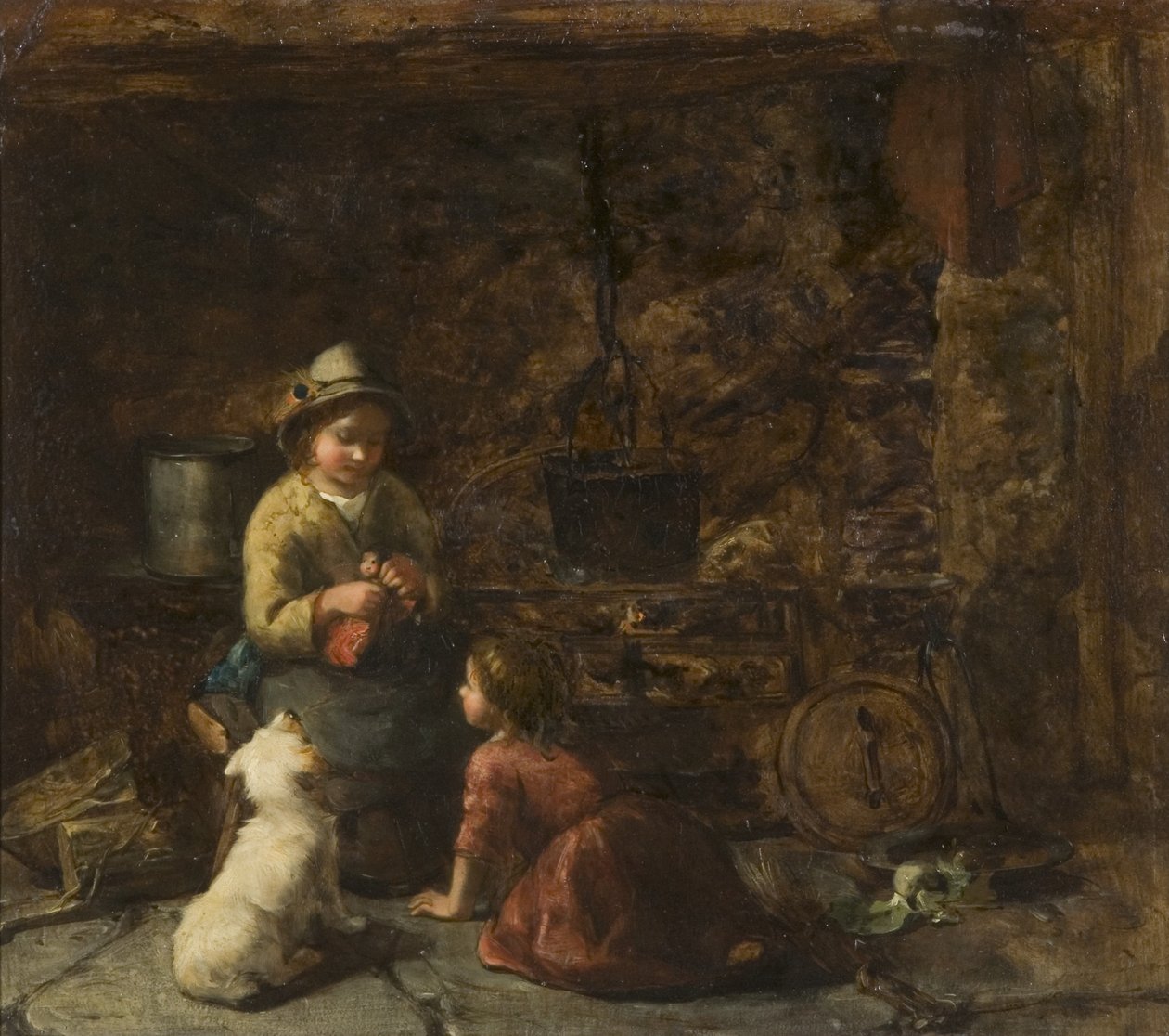 Interiér chaty se dvěma dětmi, cca 1850 (olej na kartonu) od Thomas Faed