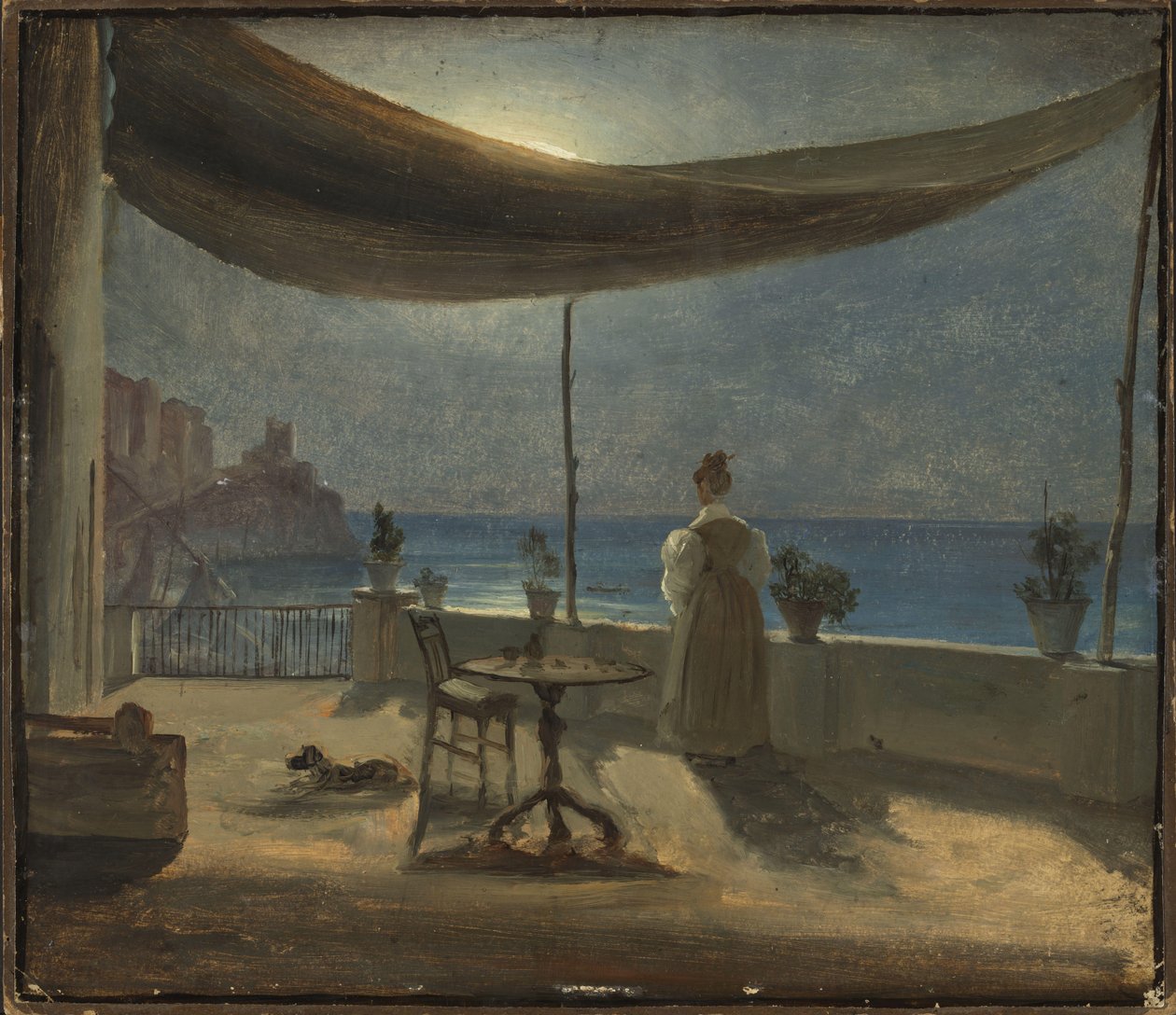 Terasa v Amalfi za měsíčního svitu, kolem roku 1834 (olej na papíře připevněný na palubě) od Thomas Fearnley