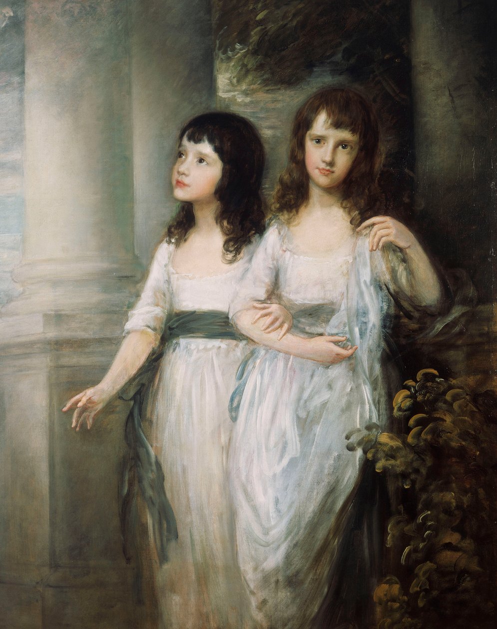 Skupinový portrét slečny Sloperové, obě stojící téměř po celé délce v bílých šatech s modrými vlečkami, od Thomas Gainsborough