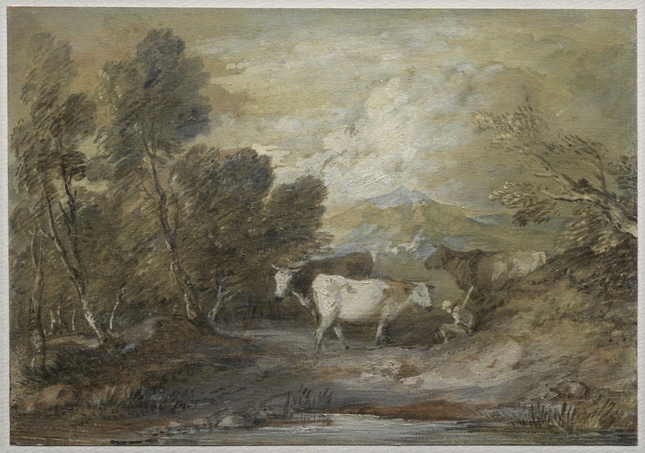 Pastevec se třemi krávami u horského rybníka, polovina 80. let 18. století. od Thomas Gainsborough