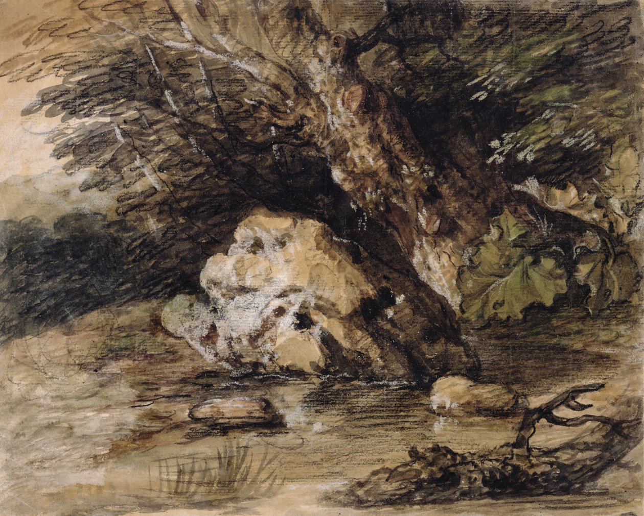 Kopcovitá krajina s postavami blížícími se k mostu, c.1763 (wc a kvaš na papíře) od Thomas Gainsborough
