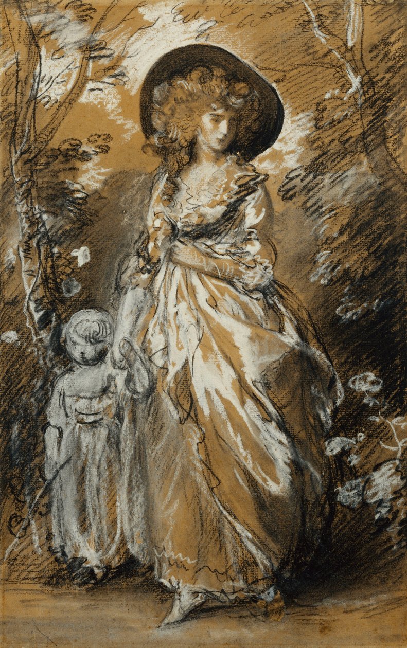 Lady Walking in a Garden, stojící po celé délce a držící své malé dítě za ruku; Možná studie pro The Richmond Water-Walk, od Thomas Gainsborough