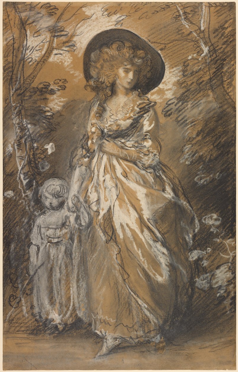 Dáma procházející se v zahradě s dítětem od Thomas Gainsborough