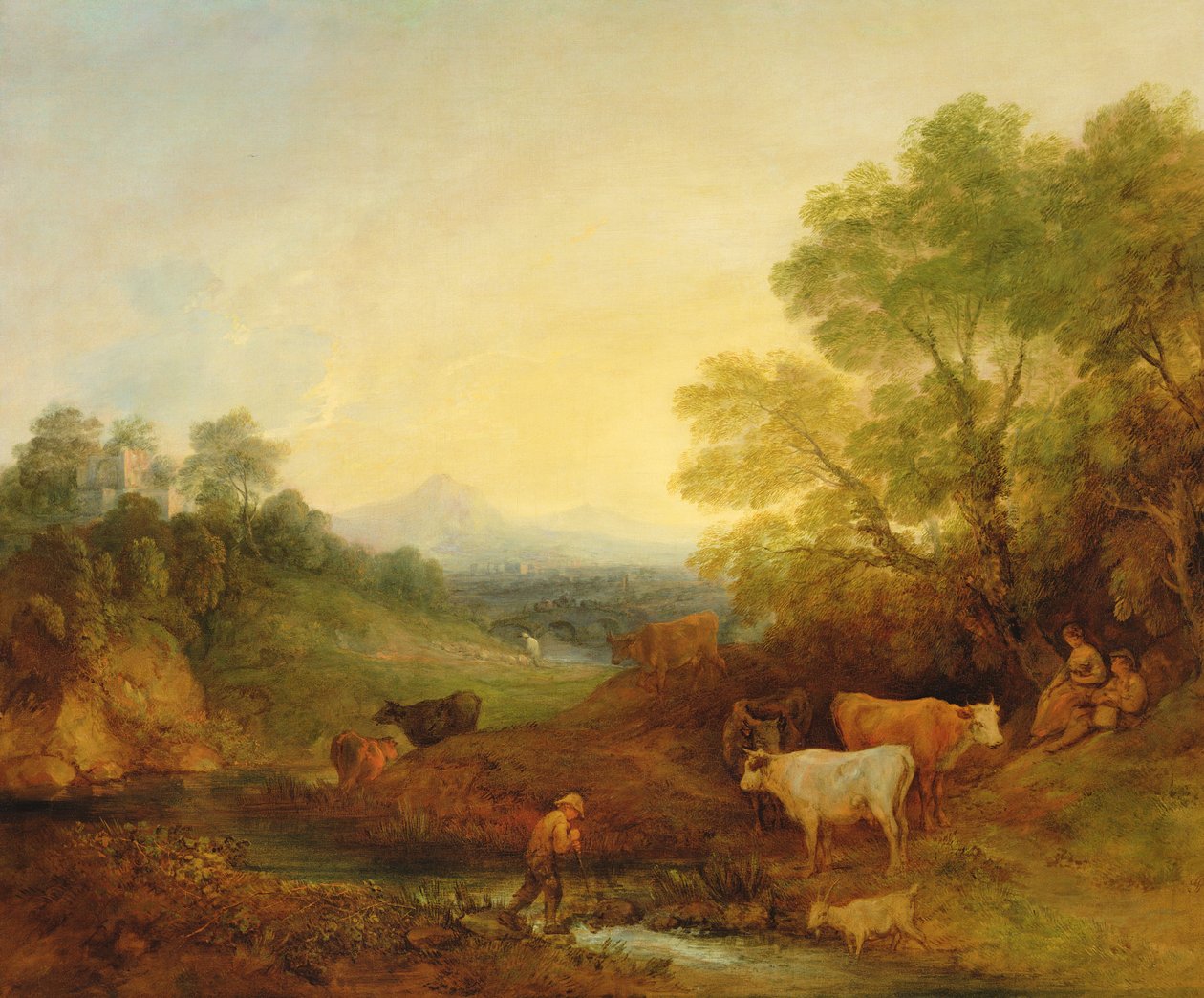 Krajina s dobytkem a postavami u potoka a vzdáleného mostu, kolem 1772-4 (olej na plátně) od Thomas Gainsborough
