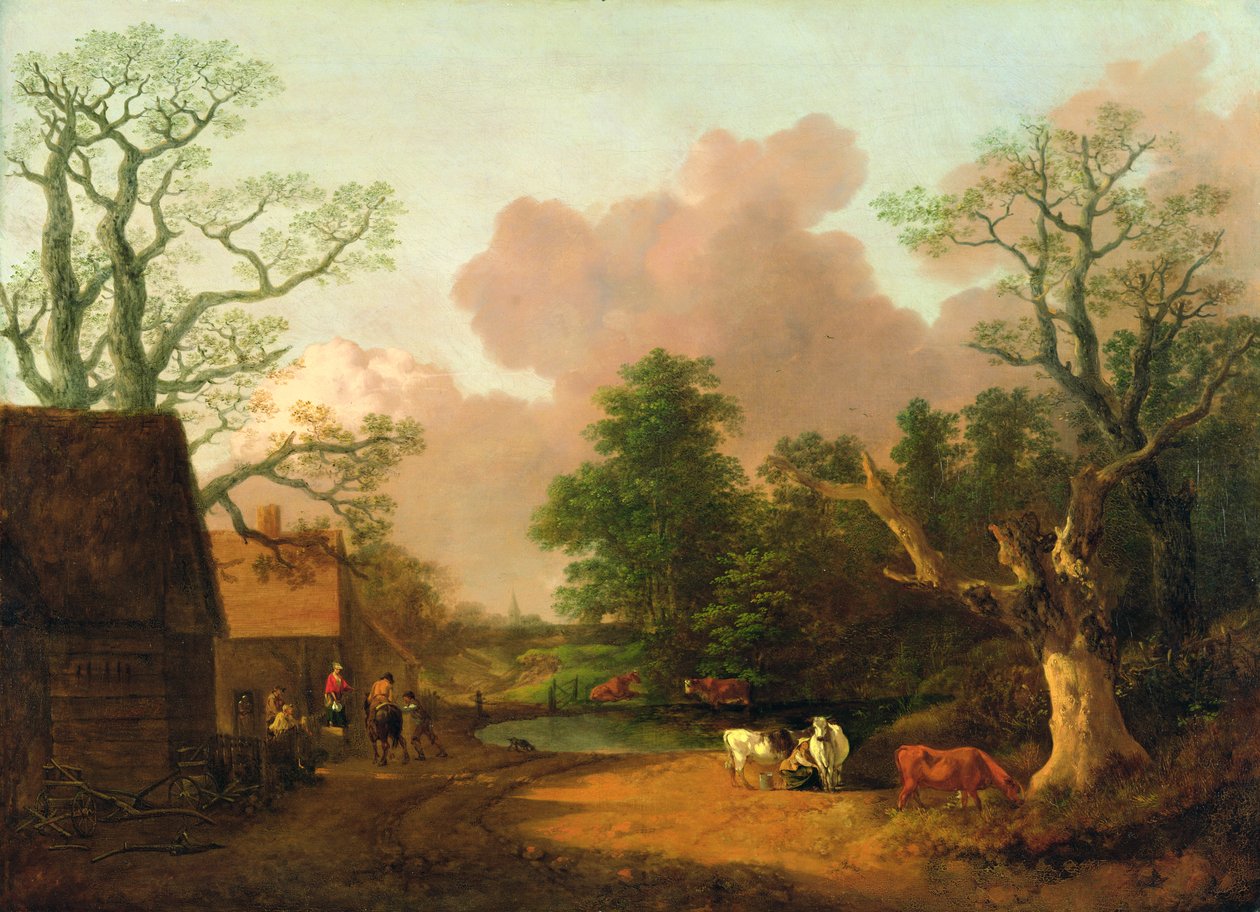 Krajina s postavami, hospodářskými budovami a dojičkou, kolem 1754-6 (olej na plátně) od Thomas Gainsborough