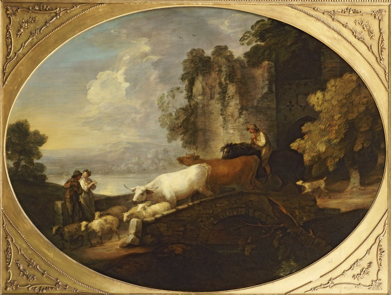 Říční krajina s rustikálními milenci, pastevcem na koních, který žene dobytek a ovce přes most a za ním je zřícenina hradu od Thomas Gainsborough