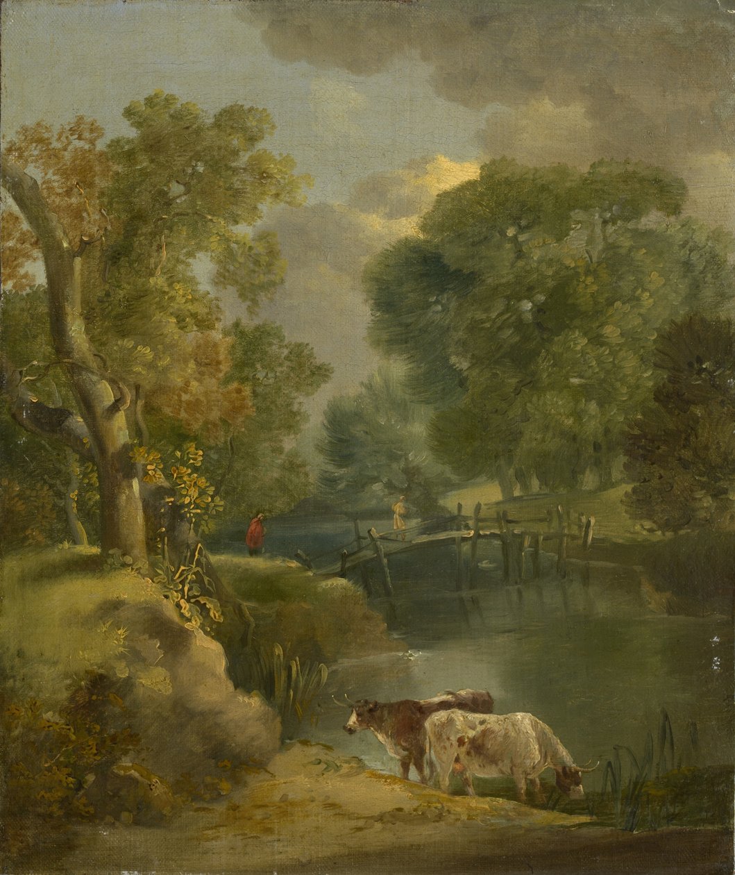 Říční krajina se dvěma krávami a postavou na mostě, 18. století od Thomas Gainsborough