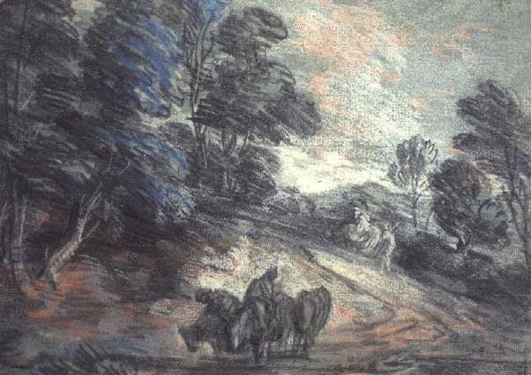 Zalesněná krajina s pijícími koňmi (pastel) od Thomas Gainsborough
