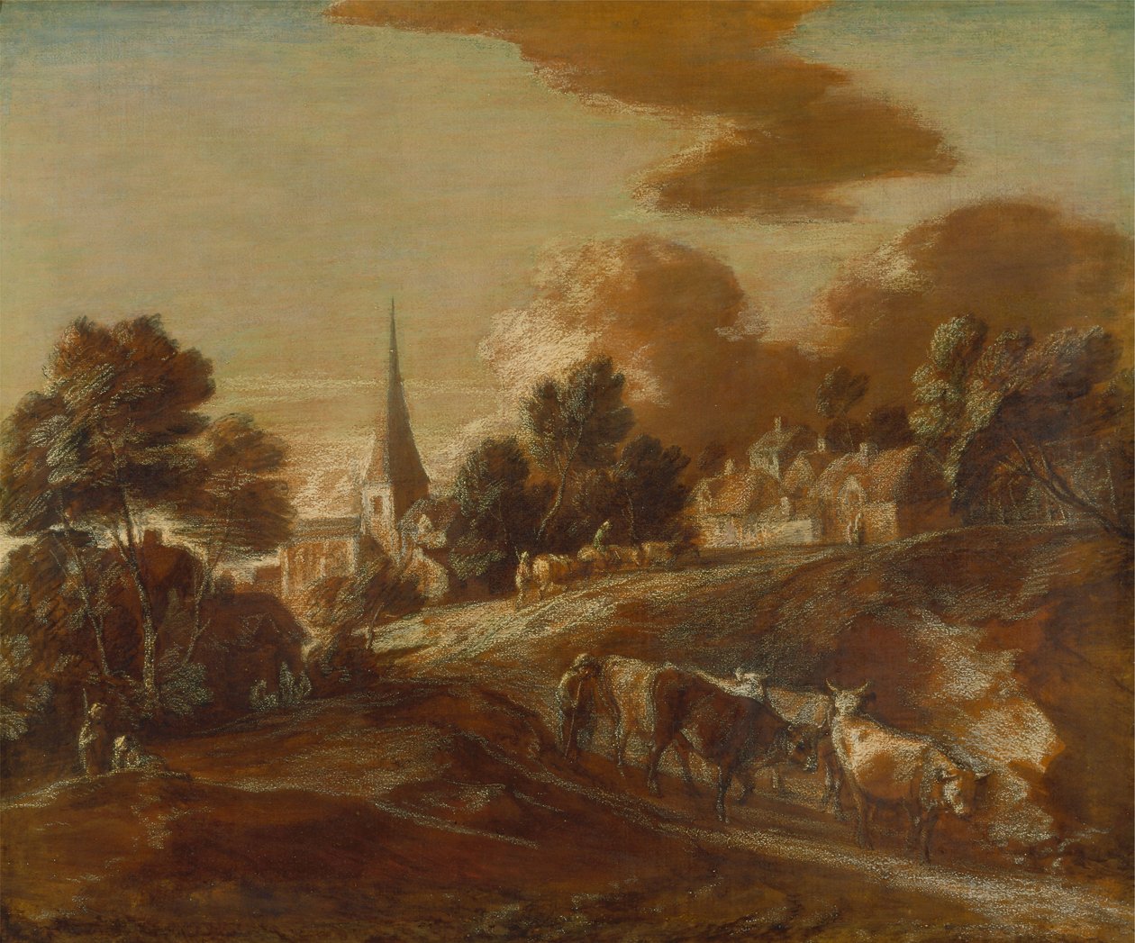 Imaginární zalesněná vesnice s honáky a dobytkem od Thomas Gainsborough