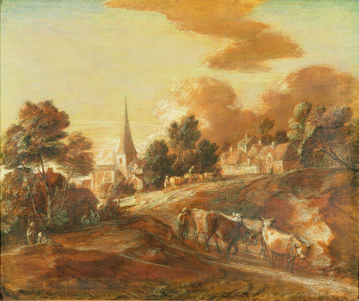 An Imaginary Wooded Village with Drovers and Cattle, c.1771-72 (olej a kombinovaná technika na papíře na plátně) od Thomas Gainsborough