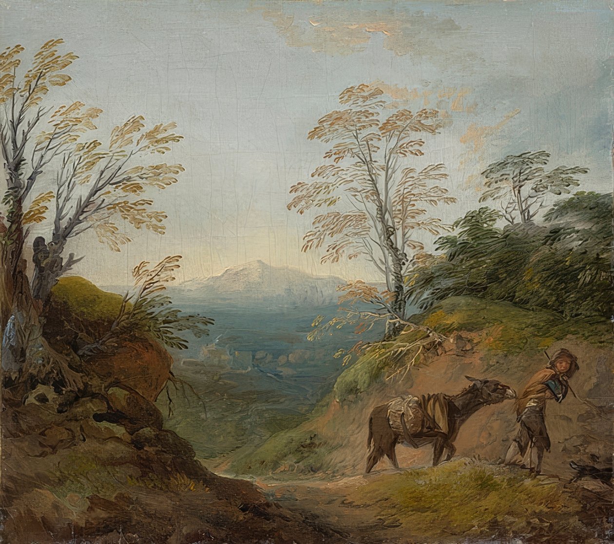 Zalesněná krajina s chlapcem vedoucím osla a psa a rozlehlé panorama budov a vzdálených kopců. Počátek 60. let 18. století od Thomas Gainsborough