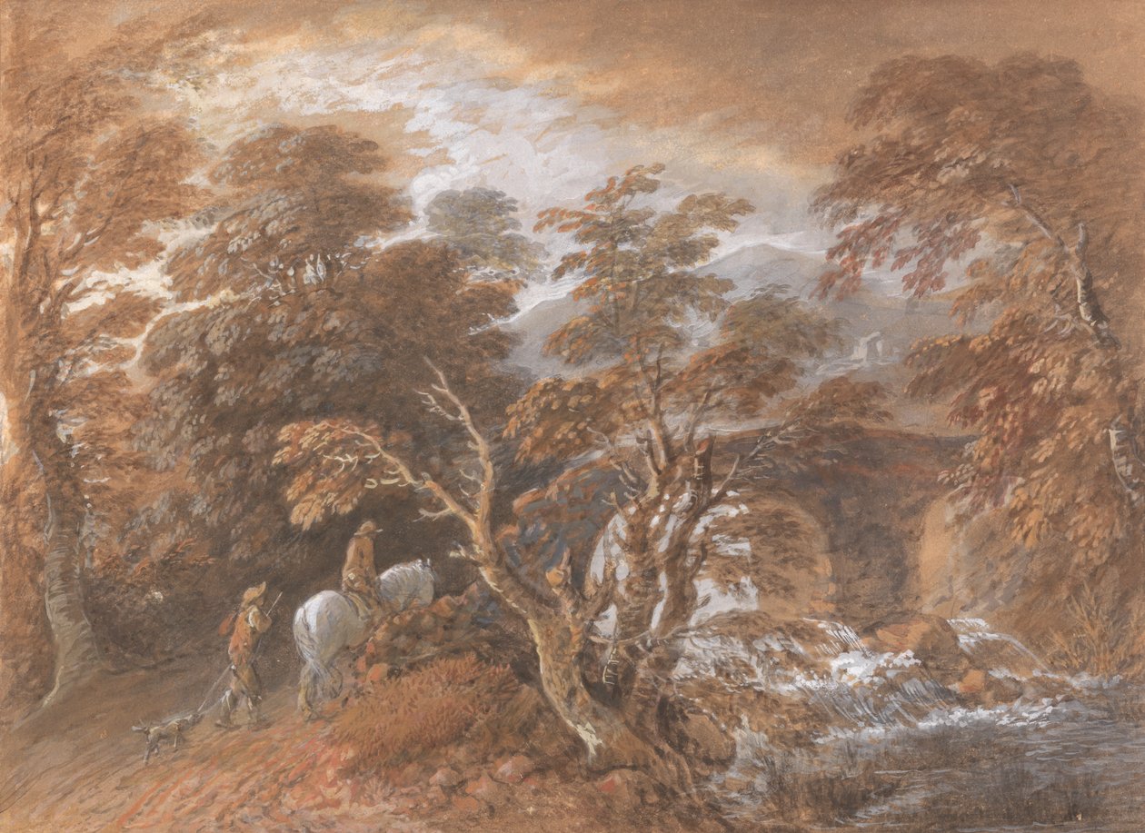 Kopcovitá krajina s postavami blížícími se k mostu od Thomas Gainsborough