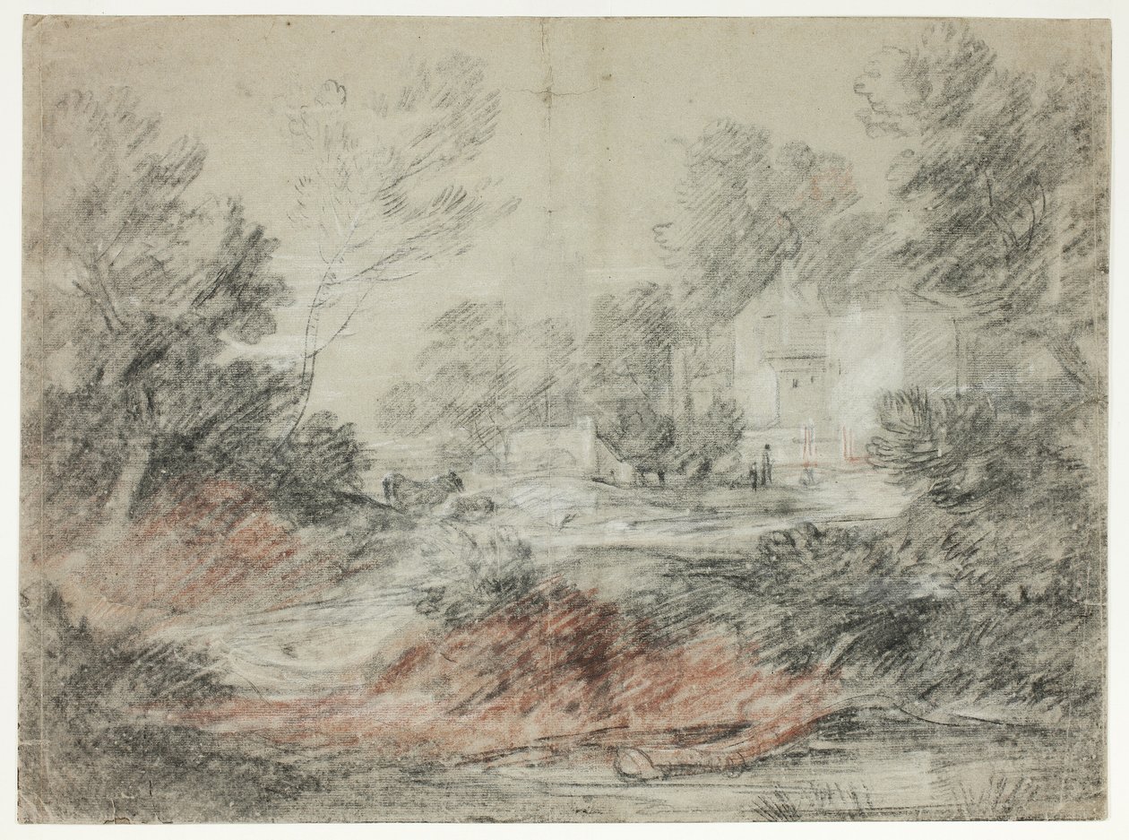 Krajina s budovami u potoka od Thomas Gainsborough
