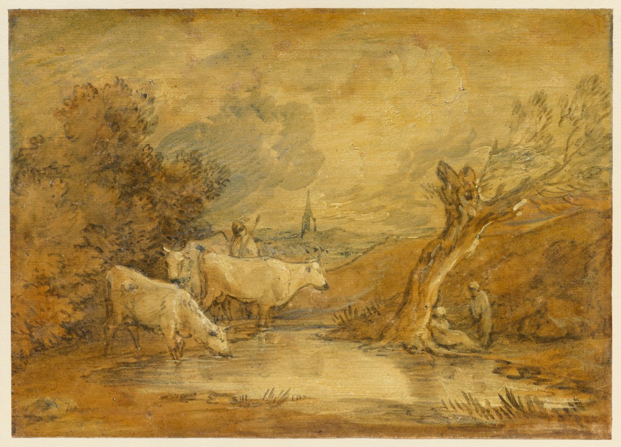 Landschaft mit Figuren, Hirte und Vieh an einem Teich, und ferne Kirche od Thomas Gainsborough