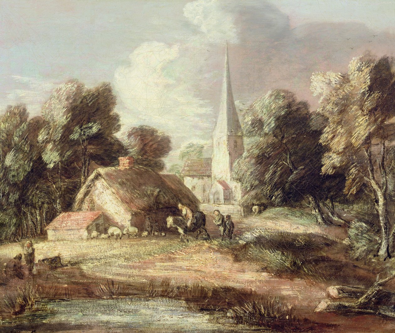 Krajina s kostelem, chalupou, vesničany a zvířaty, kolem 1771-2 (olej na plátně s černou křídou) od Thomas Gainsborough