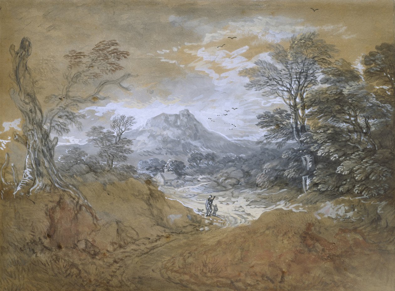 Krajina s cestou na okraji lesa, 1760-65 (akvarel a tělová barva přes slabé náznaky v grafitu na hnědém papíře) od Thomas Gainsborough