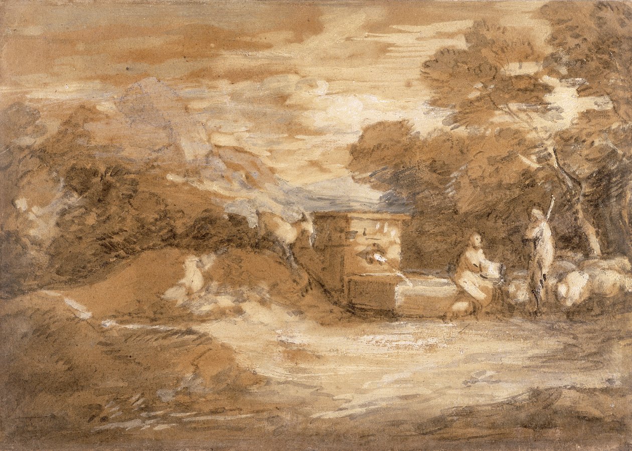 Horská krajina s postavami, ovcí a fontánou, kolem 1785-88 (šedá barva, olej a černá křída na papíře) od Thomas Gainsborough