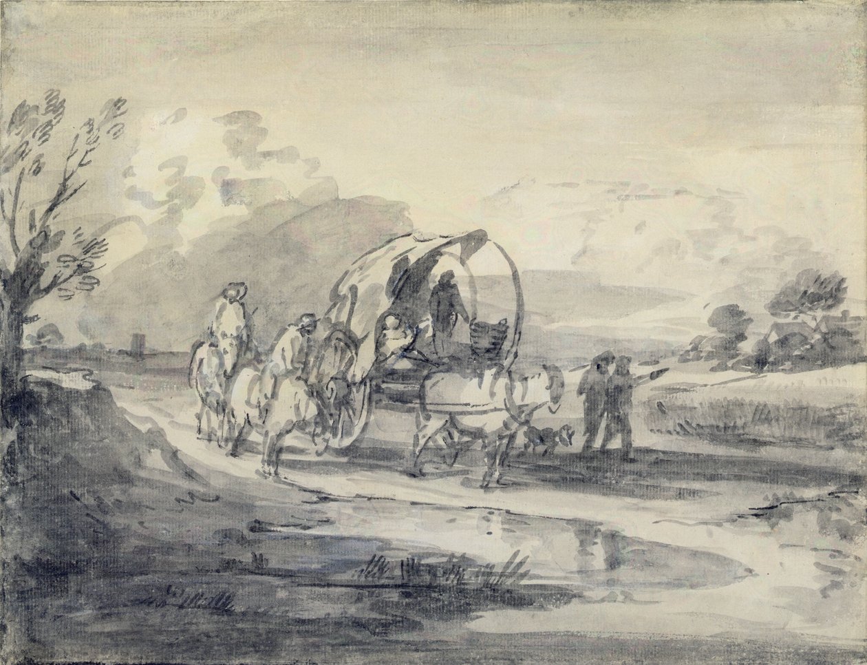 Otevřená krajina s pastevcem a krytým vozíkem, kolem 1780-85 (šedočerné mytí a křída položená na papíře) od Thomas Gainsborough