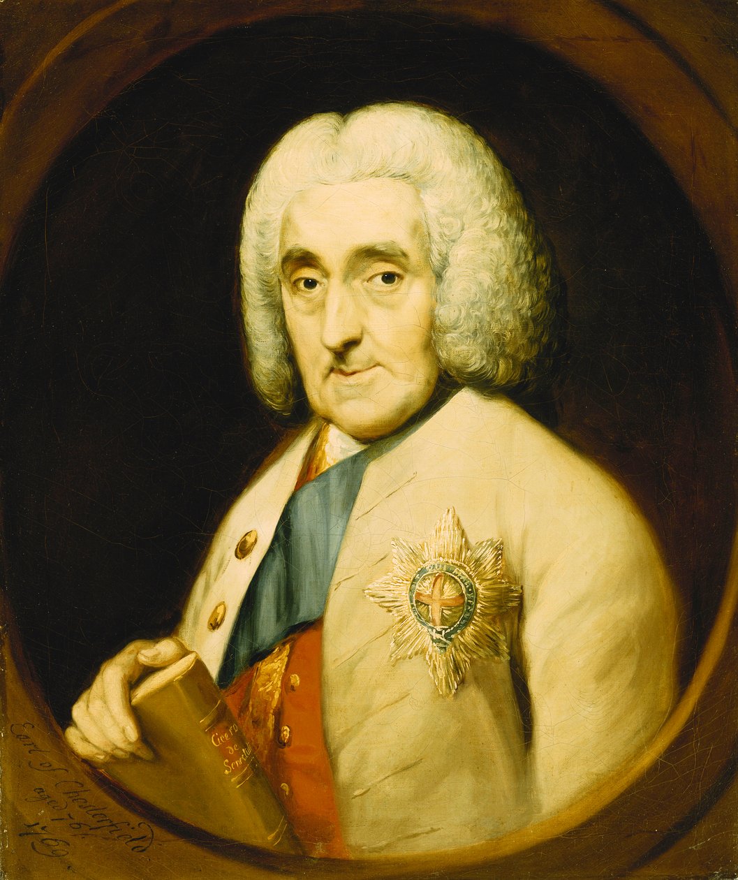 Portrét Lorda Chesterfielda, délka poprsí, na sobě Řád podvazku, drží knihu, na malovaném oválu, 1769 od Thomas Gainsborough