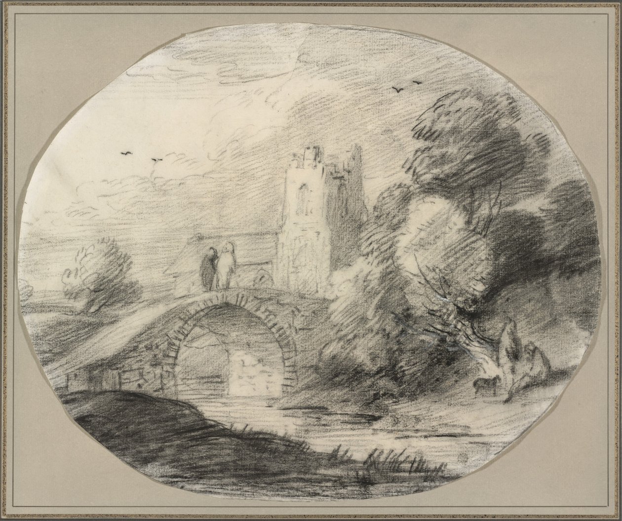 Říční krajina s mostem a kostelem od Thomas Gainsborough