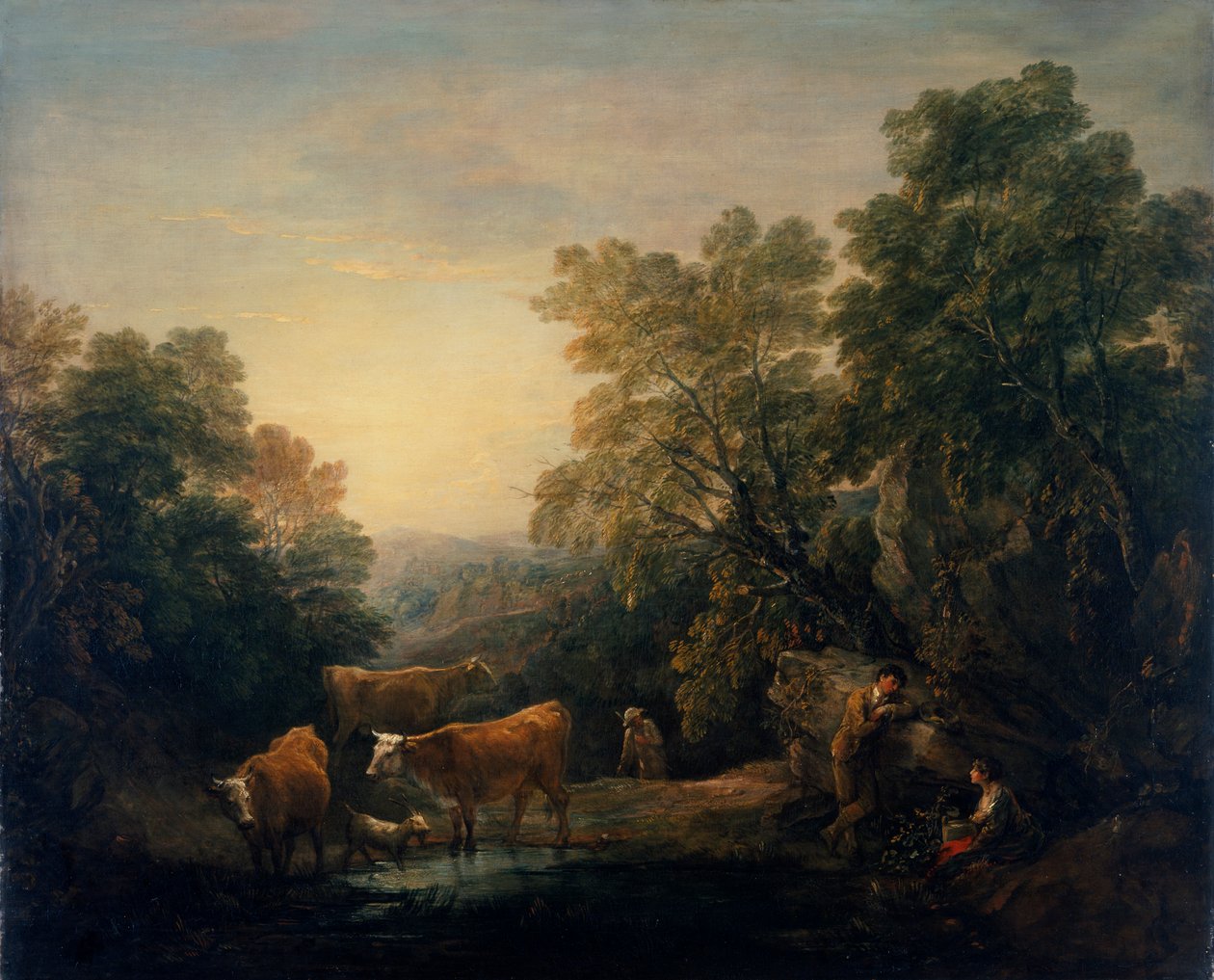 „Skalnatá zalesněná krajina s milovníky venkova“, 1771–74 od Thomas Gainsborough