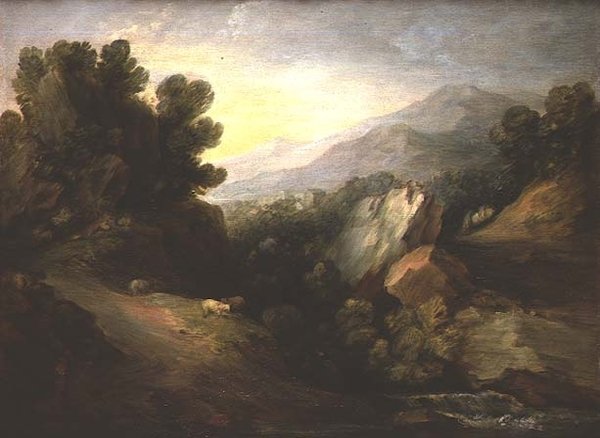 Skalnatá zalesněná krajina s ovcemi u vodopádu od Thomas Gainsborough