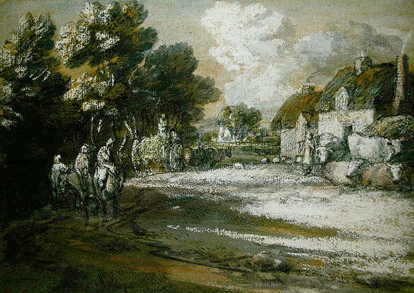 Cestovatelé projíždějící vesnicí (černobílá křída na papíře) od Thomas Gainsborough