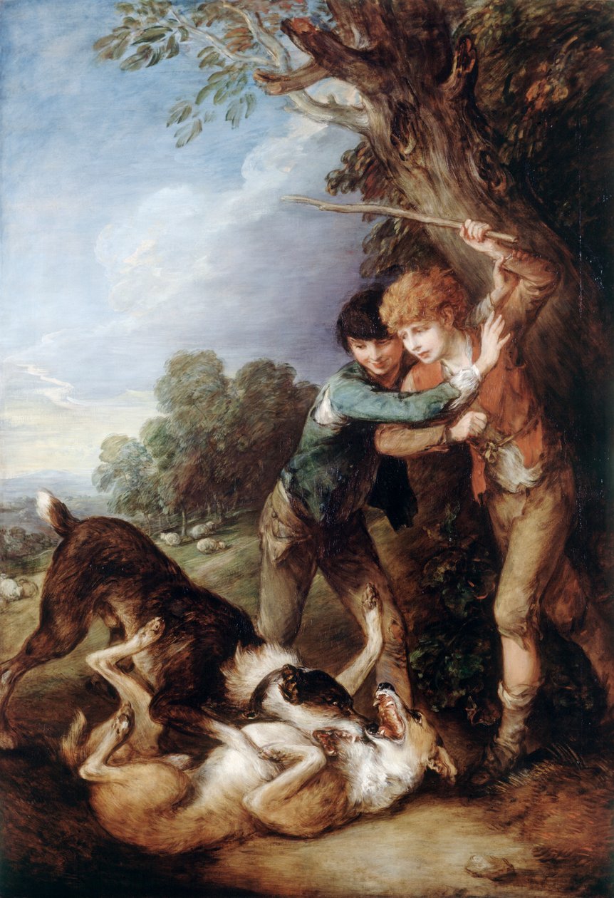 Kaksi paimenpoikaa koirien kanssa tappelemassa (öljy kankaalle) od Thomas Gainsborough