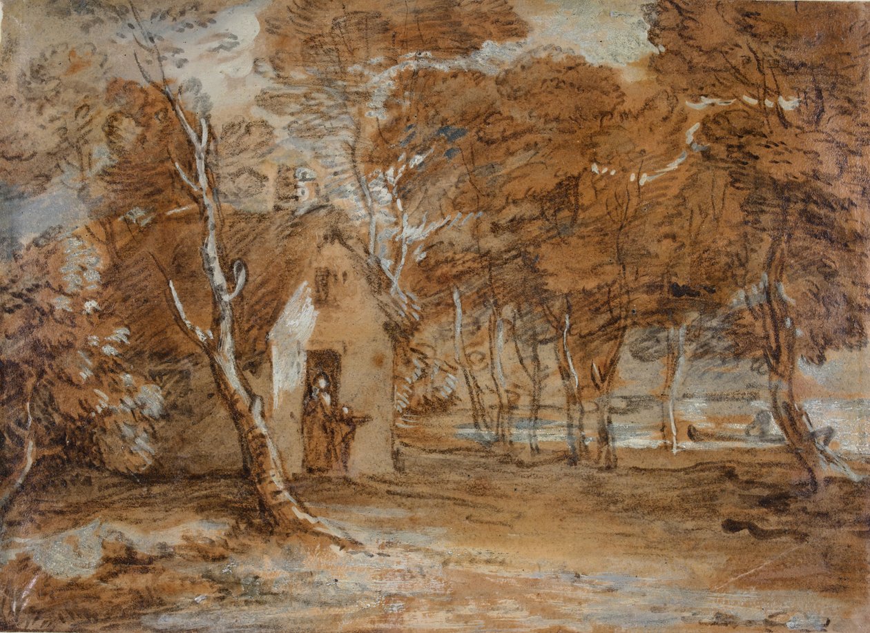 Zalesněná krajina, chata, postavy a loď na jezeře, 1783-1785. od Thomas Gainsborough