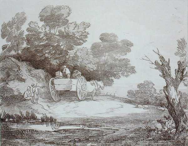 Zalesněná krajina, venkovský vozík a figurky (rytina) od Thomas Gainsborough