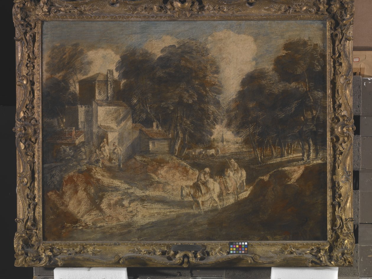 Zalesněná krajina s jízdními rolníky (inkoust, olovnatá běloba a kvaš na papíře připevněném na plátně) od Thomas Gainsborough