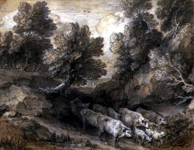 Zalesněná krajina s dobytkem a kozami, kolem 1768-72 (černobílá křída na papíře) od Thomas Gainsborough