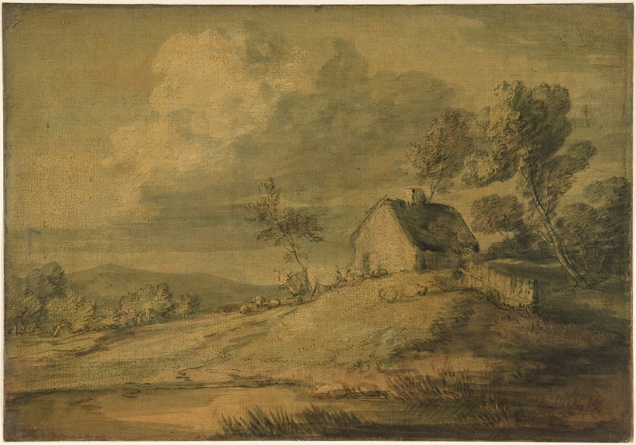 Zalesněná krajina s chalupou, kravami a ovcemi od Thomas Gainsborough