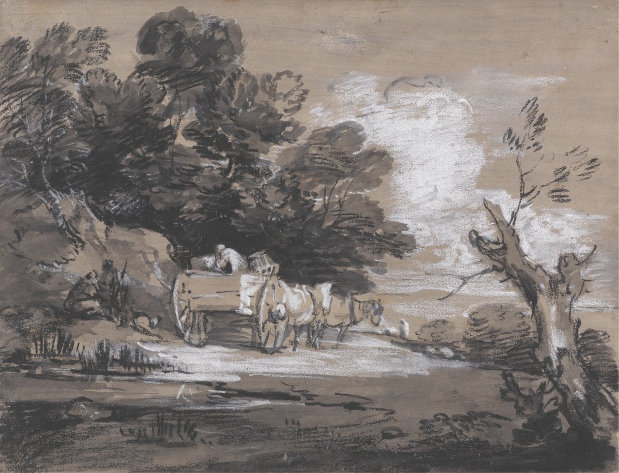 Zalesněná krajina s vozíkem a postavami od Thomas Gainsborough