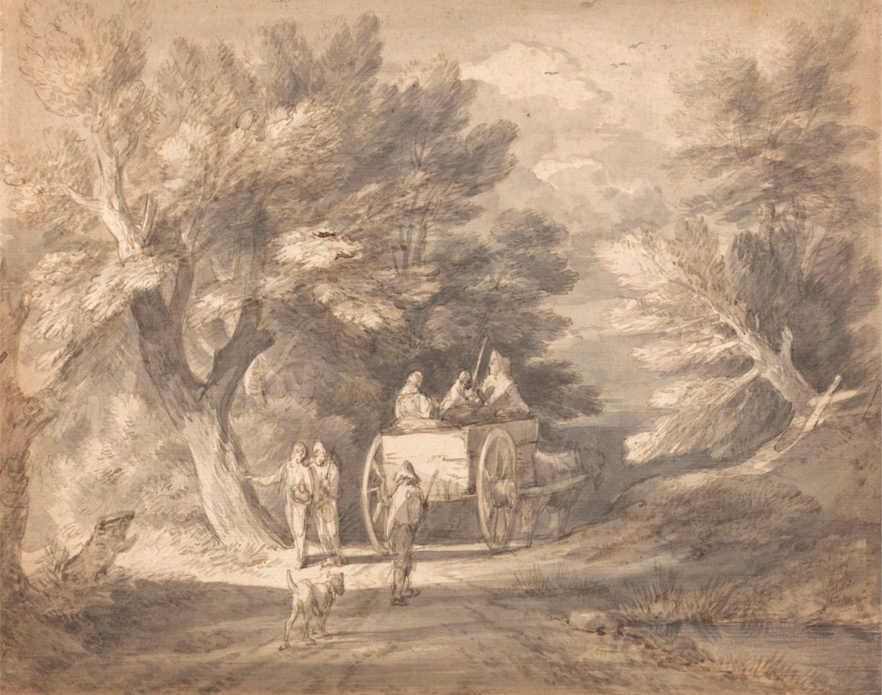 Zalesněná krajina s vozíkem a postavami jdoucími po uličce od Thomas Gainsborough